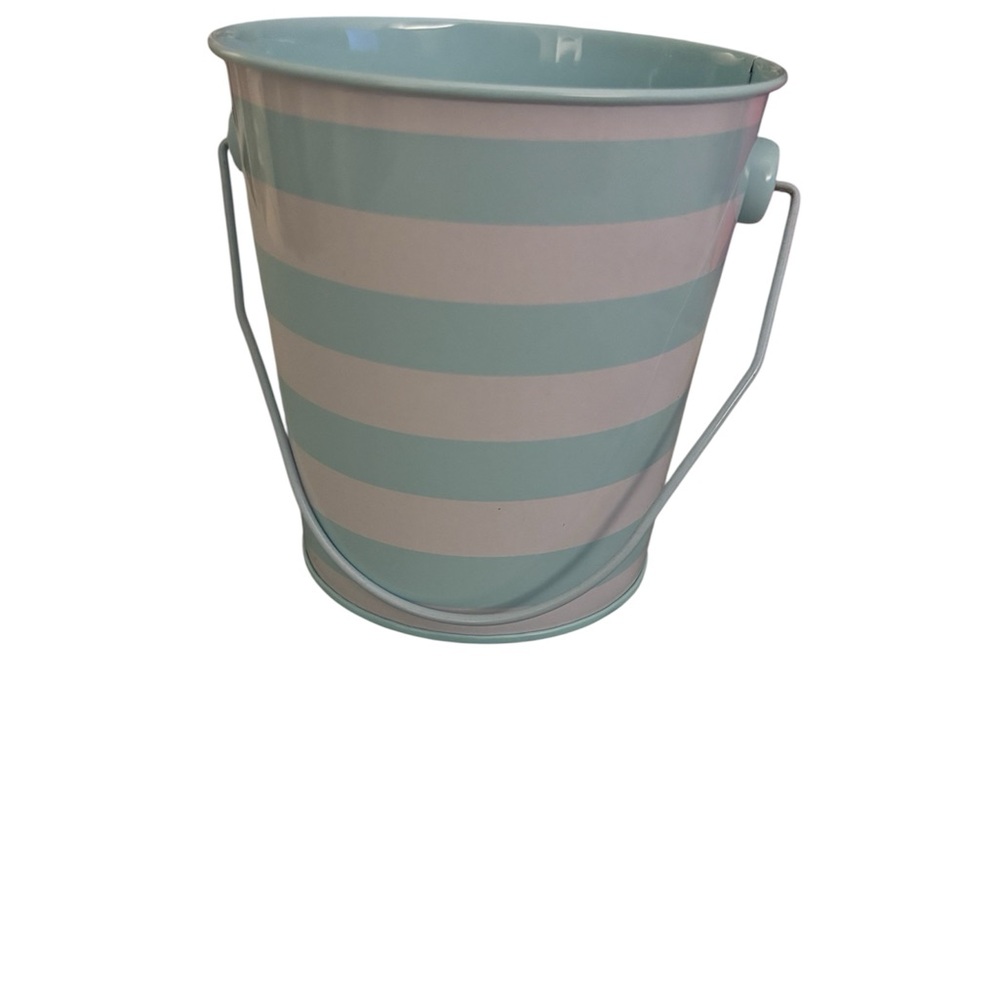 Striped White and Blue Metal Bucket